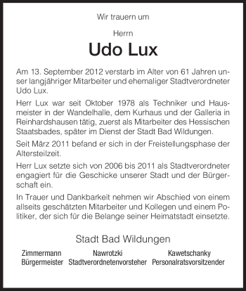 Traueranzeige von Udo Lux von HNA