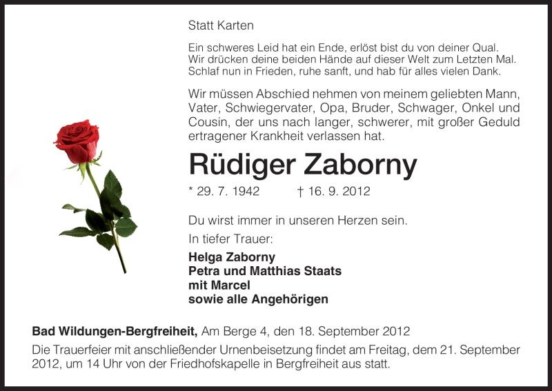  Traueranzeige für Rüdiger Zaborny vom 19.09.2012 aus HNA