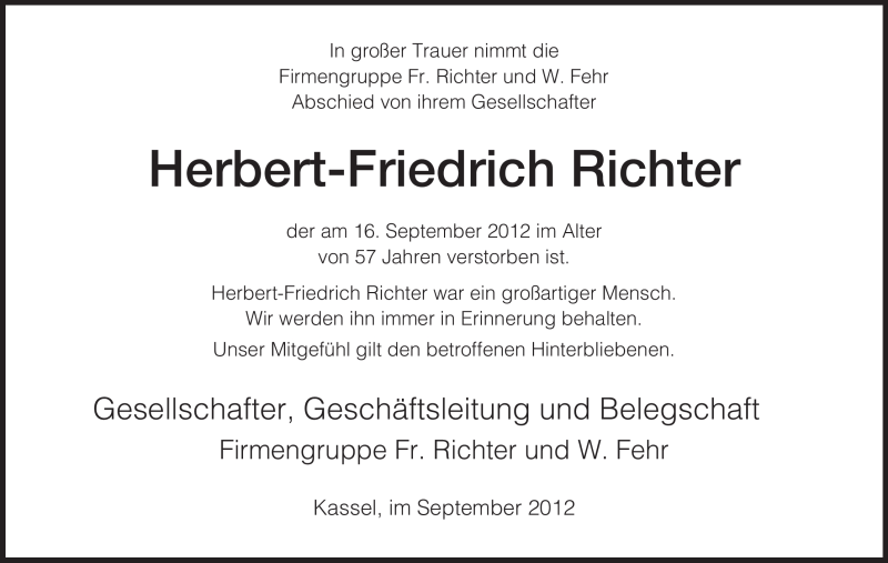  Traueranzeige für Herbert-Friedrich Richter vom 22.09.2012 aus HNA