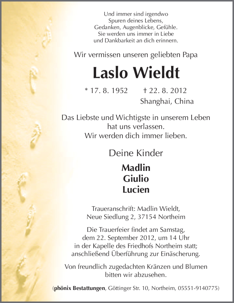  Traueranzeige für Laslo Wieldt vom 20.09.2012 aus HNA