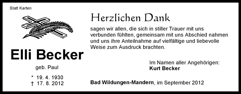  Traueranzeige für Elli Becker vom 22.09.2012 aus HNA