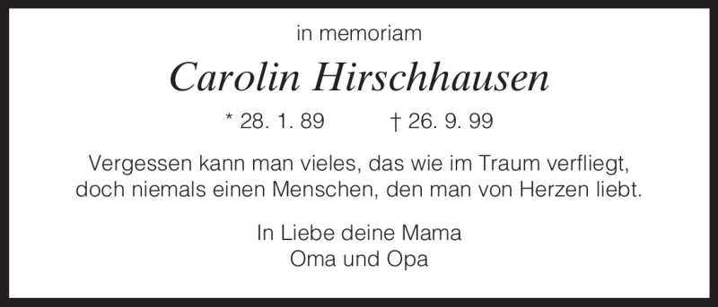  Traueranzeige für Carolin Hirschhausen vom 26.09.2012 aus HNA