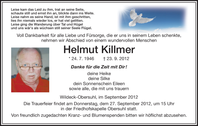 Traueranzeige für Helmut Killmer vom 25.09.2012 aus HNA