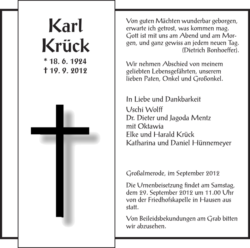  Traueranzeige für Karl Krück vom 27.09.2012 aus HNA