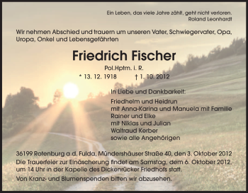 Traueranzeige von Friedirch Fischer von HNA