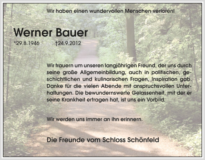  Traueranzeige für Werner Bauer vom 09.10.2012 aus HNA