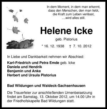 Traueranzeige von Helene Icke von HNA
