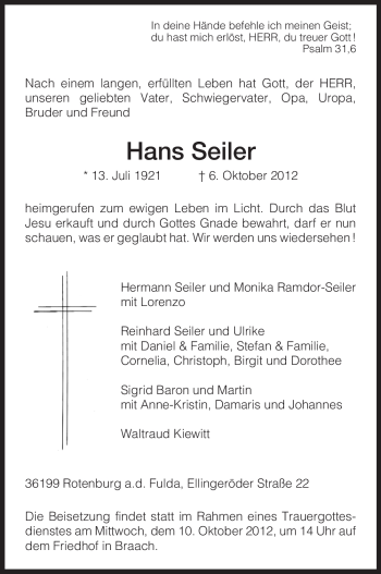 Traueranzeige von Hans Seiler von HNA