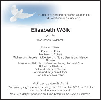 Traueranzeige von Elisabeth Wölk von HNA