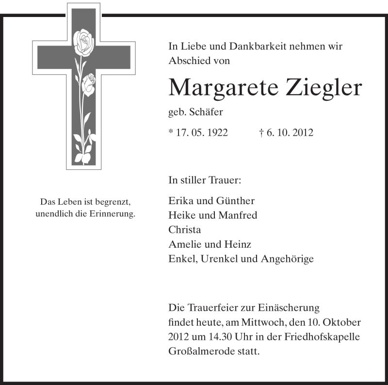  Traueranzeige für Margarete Ziegler vom 10.10.2012 aus HNA