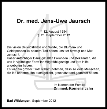 Traueranzeige von Jens-Uwe Jaursch von HNA