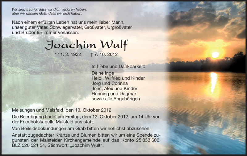  Traueranzeige für Joachim Wulf vom 10.10.2012 aus HNA
