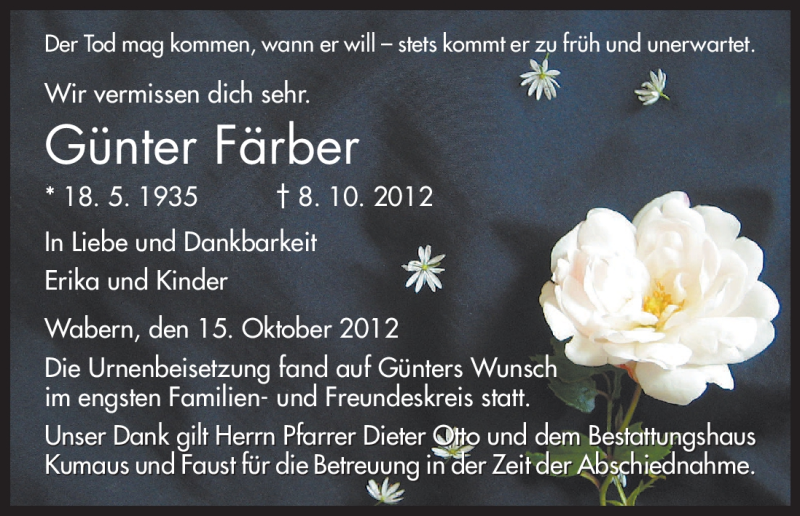 Traueranzeige für Günter Färber vom 15.10.2012 aus HNA