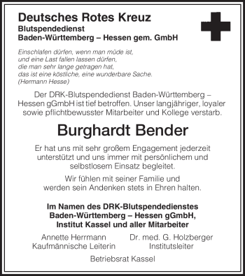 Traueranzeige von Burghardt Bender von HNA