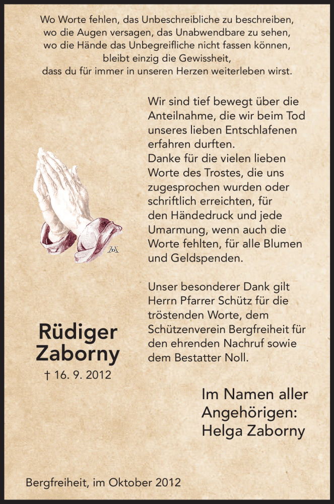  Traueranzeige für Rüdiger Zaborny vom 20.10.2012 aus HNA