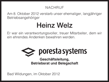 Traueranzeige von Heinz Welz von HNA