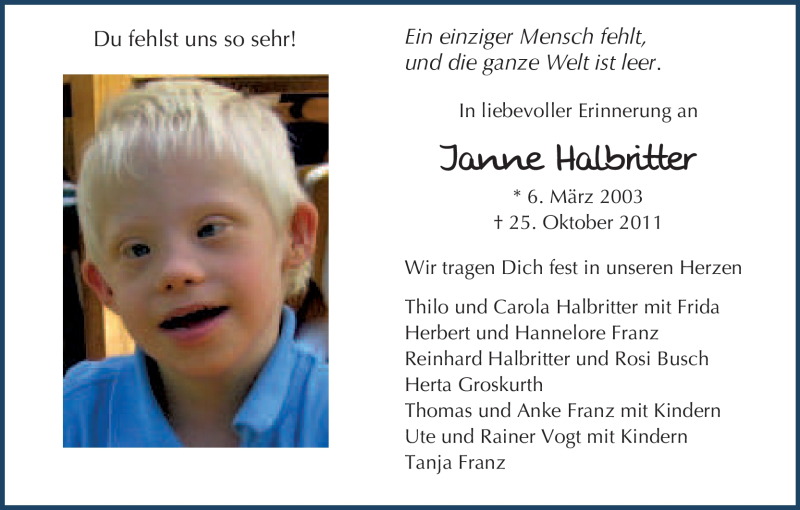  Traueranzeige für Janne Halbritter vom 25.10.2012 aus HNA