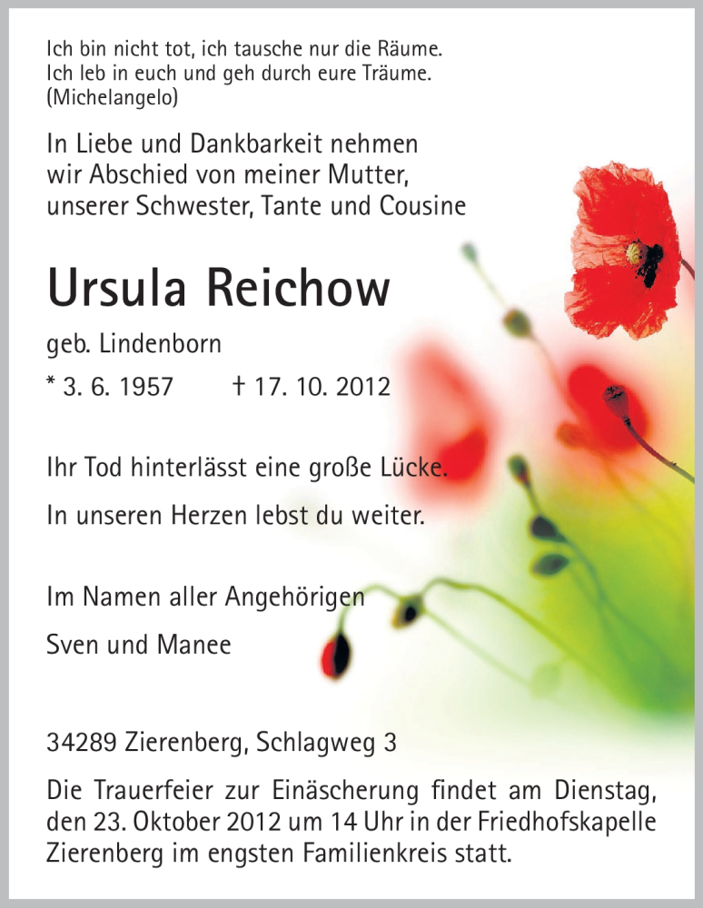  Traueranzeige für Ursula Reichow vom 20.10.2012 aus HNA