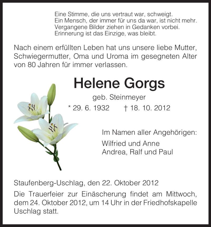  Traueranzeige für Helene Gorgs vom 22.10.2012 aus HNA