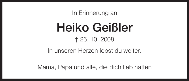 Traueranzeige für Heiko Geißler vom 25.10.2012 aus HNA