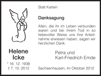 Traueranzeige von Helene Icke von HNA