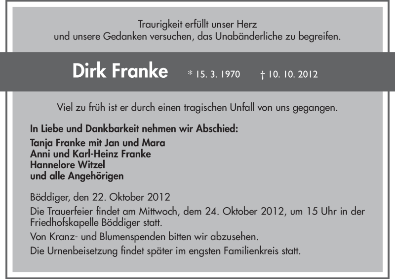 Traueranzeige für Dirk Franke vom 22.10.2012 aus HNA