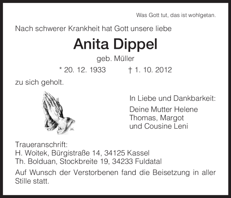 Traueranzeige für Anita Dippel vom 23.10.2012 aus HNA