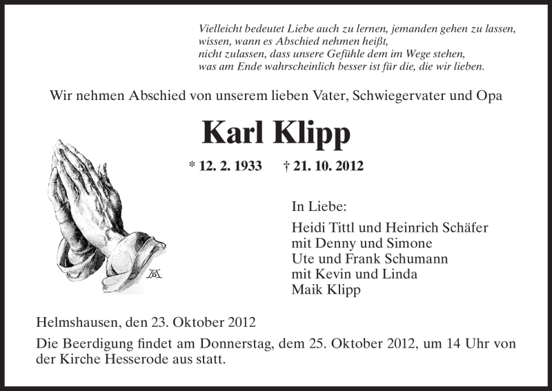  Traueranzeige für Karl Klipp vom 23.10.2012 aus HNA