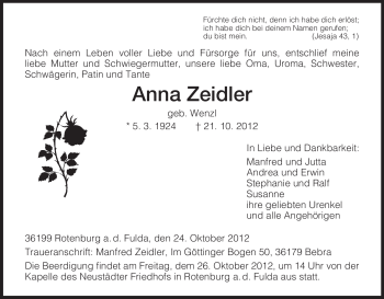 Traueranzeige von Anna Zeidler von HNA