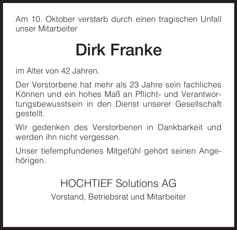  Traueranzeige für Dirk Franke vom 24.10.2012 aus HNA