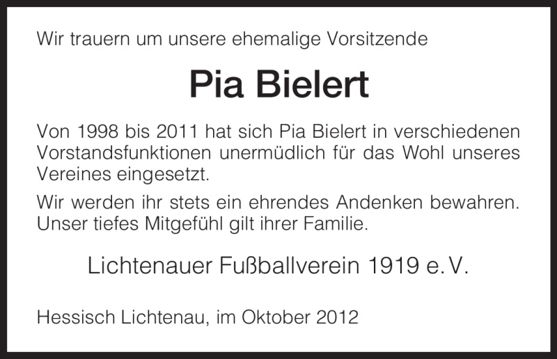  Traueranzeige für Pia Bielert vom 27.10.2012 aus HNA