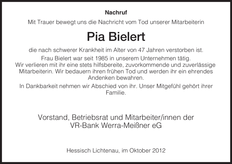  Traueranzeige für Pia Bielert vom 27.10.2012 aus HNA