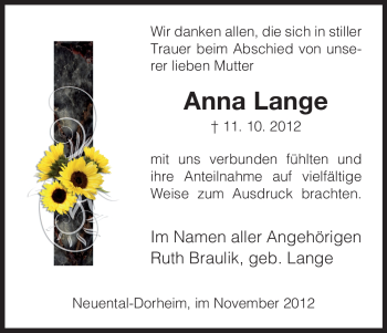 Traueranzeige von Anna Lange von HNA