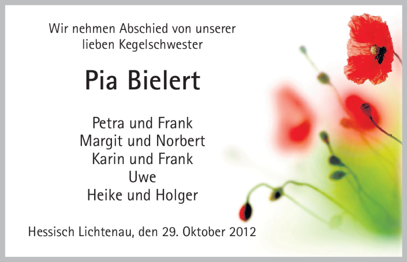  Traueranzeige für Pia Bielert vom 29.10.2012 aus HNA