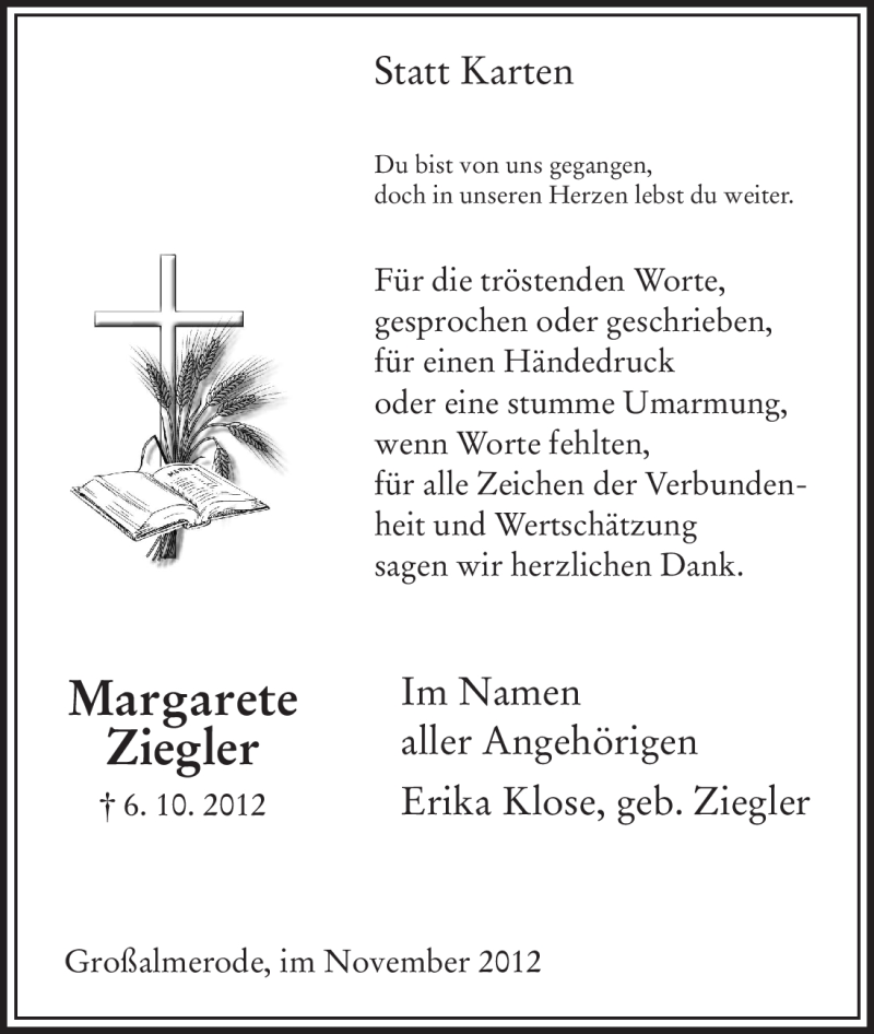  Traueranzeige für Margarete Ziegler vom 03.11.2012 aus HNA