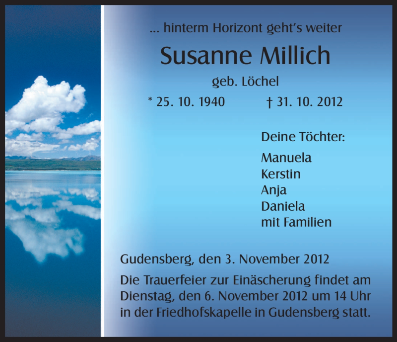  Traueranzeige für Susanne Millich vom 03.11.2012 aus HNA