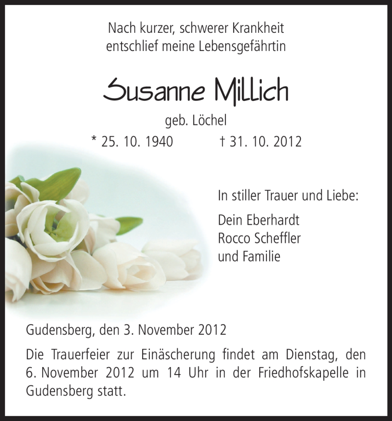  Traueranzeige für Susanne Millich vom 03.11.2012 aus HNA