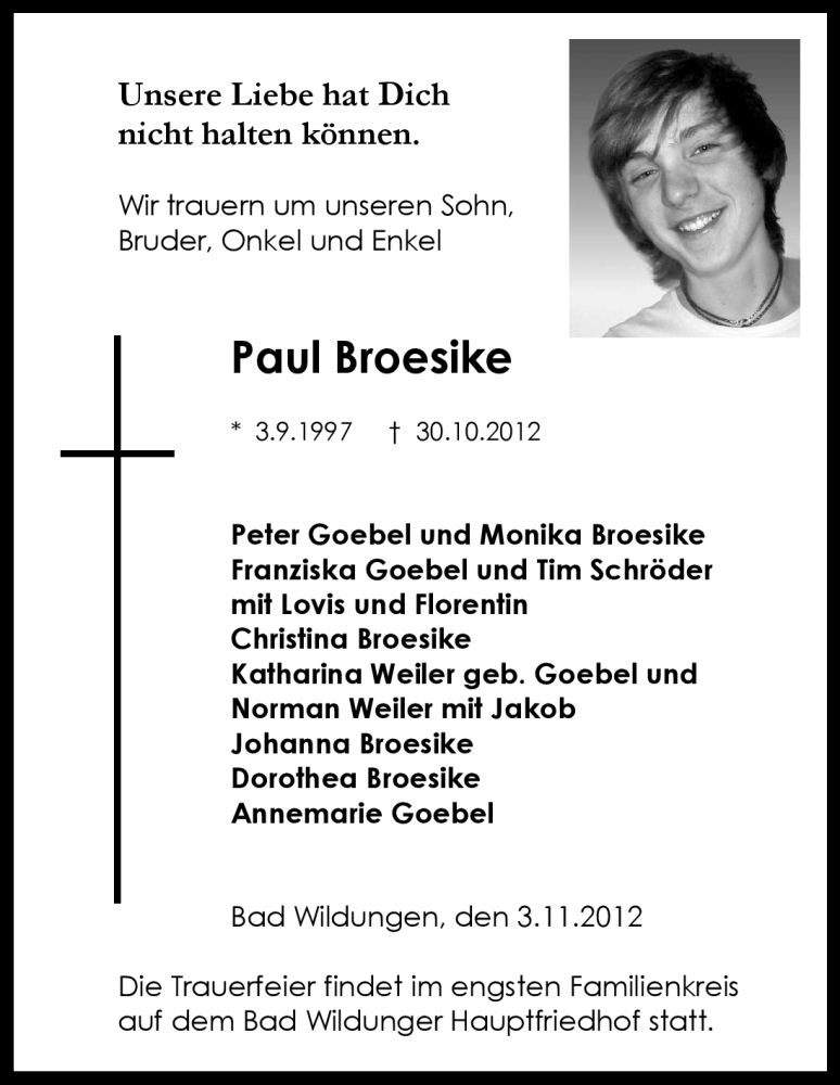 Traueranzeige für Paul Broesike vom 03.11.2012 aus HNA