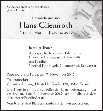 Traueranzeigen von Hans Gliemroth | Trauer.HNA.de