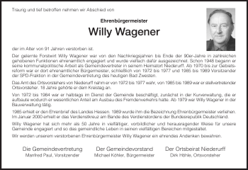 Traueranzeige von Willy Wagener von HNA