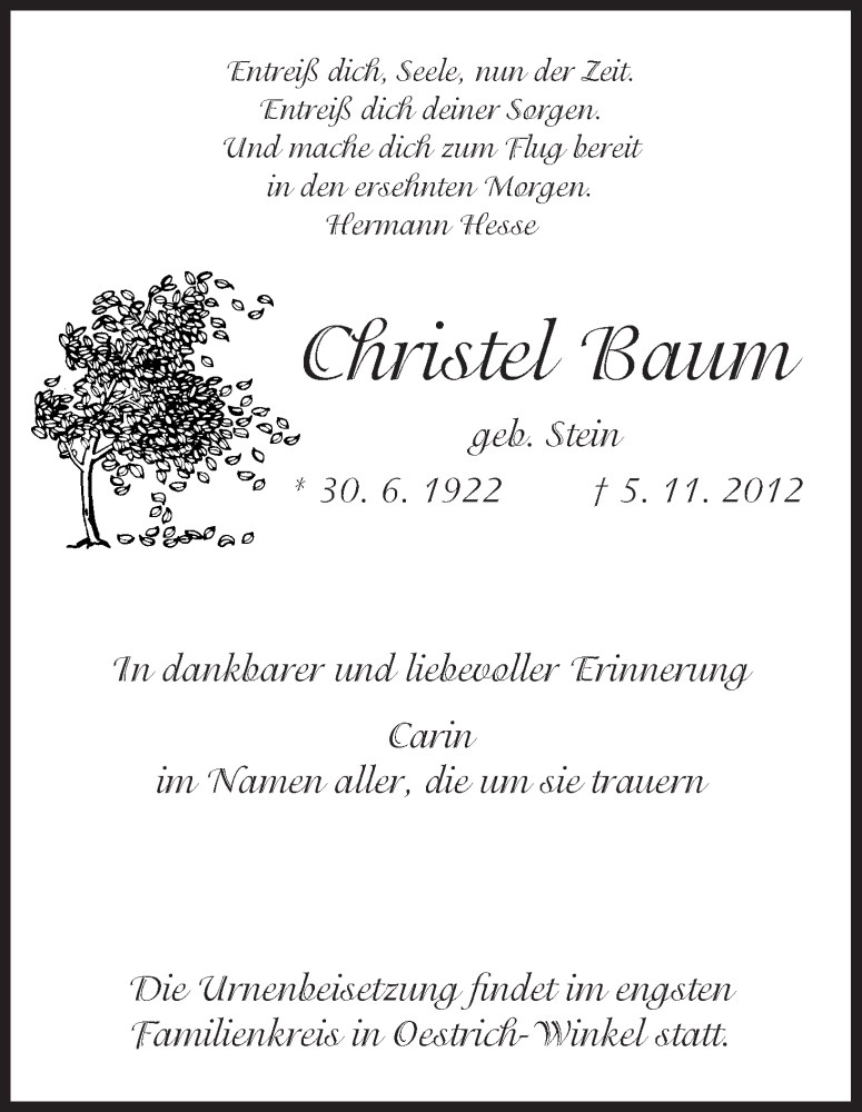  Traueranzeige für Christel Baum vom 10.11.2012 aus HNA