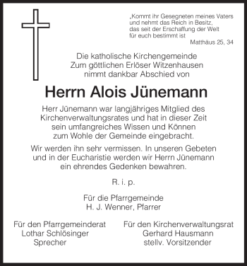 Traueranzeige von Alois Jünemann von HNA