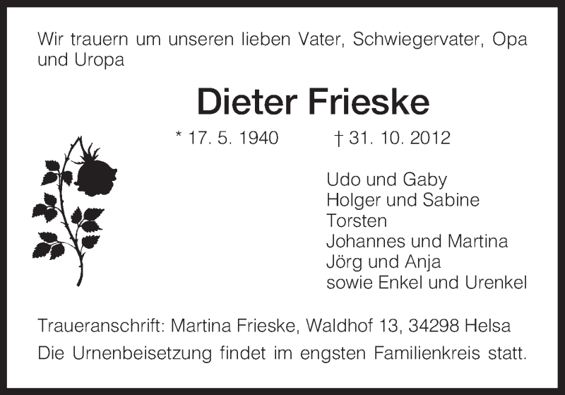  Traueranzeige für Dieter Frieske vom 10.11.2012 aus HNA