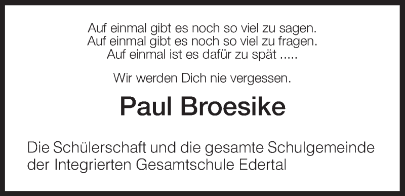  Traueranzeige für Paul Broesike vom 10.11.2012 aus HNA
