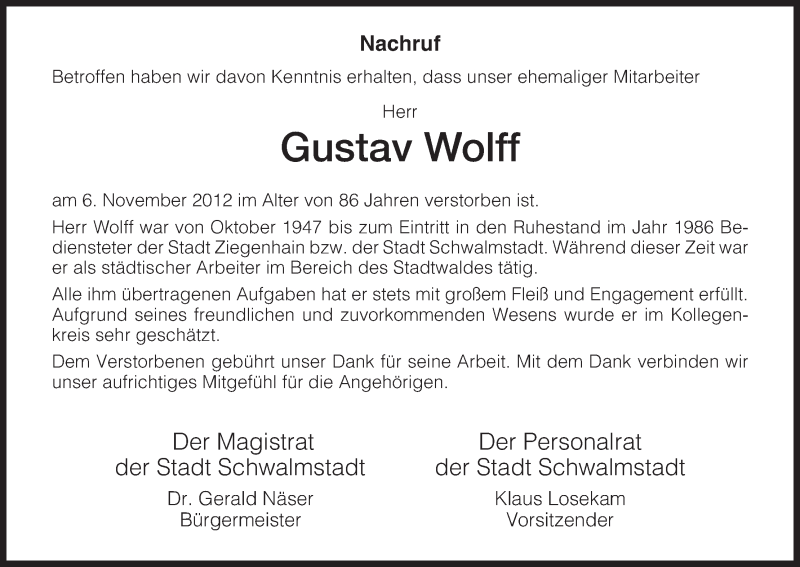  Traueranzeige für Gustav Wolff vom 12.11.2012 aus HNA
