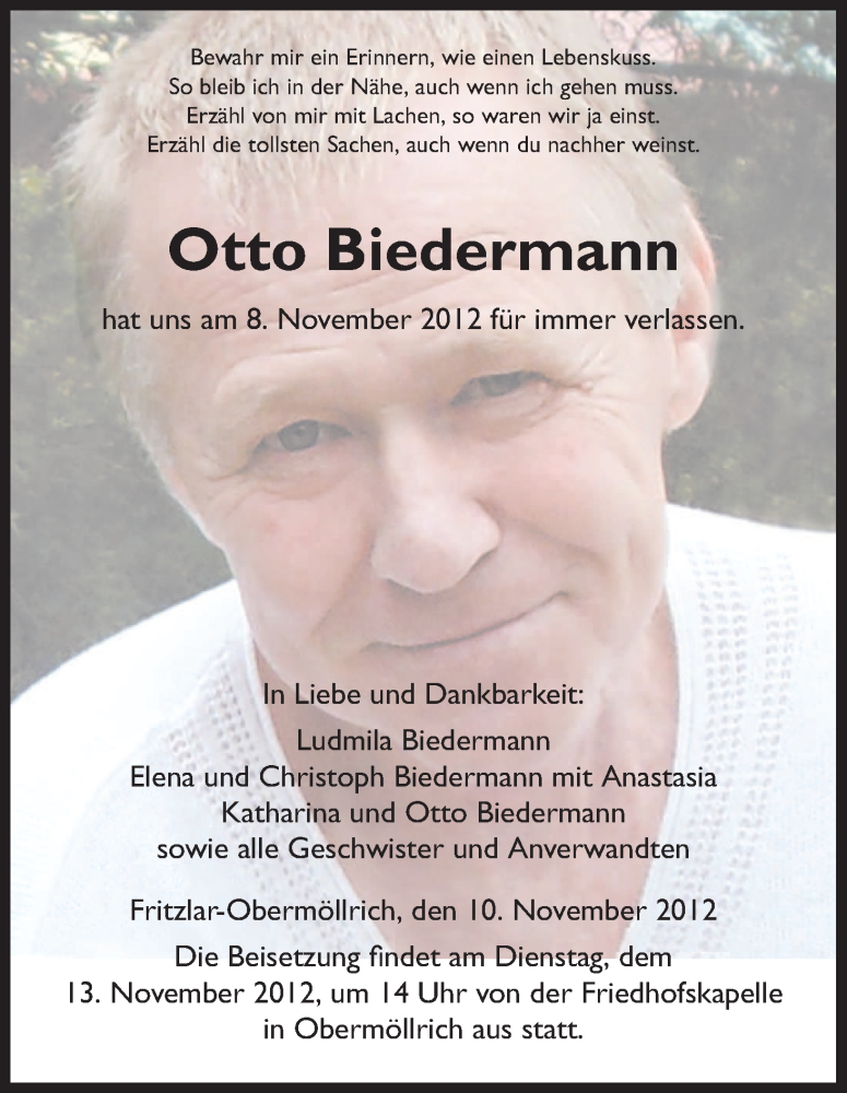  Traueranzeige für Otto Biedermann vom 10.11.2012 aus HNA