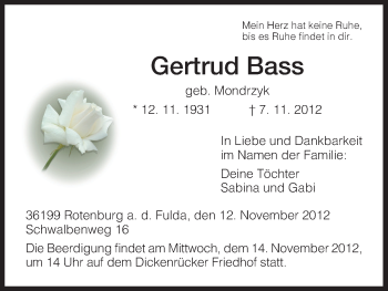 Traueranzeige von Gertrud Bass von HNA
