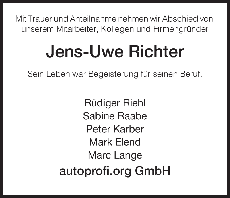  Traueranzeige für Jens-Uwe Richter vom 13.11.2012 aus HNA