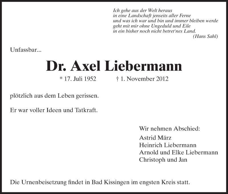  Traueranzeige für Axel Liebermann vom 14.11.2012 aus HNA