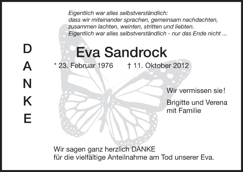 Traueranzeige für Eva Sandrock vom 17.11.2012 aus HNA
